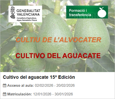 CURSO ONLINE TUTORIZADO: CULTIVO DEL AGUACATE 15ª edición (Acceso al aula del 02.02.2026 al 20.02.2026)